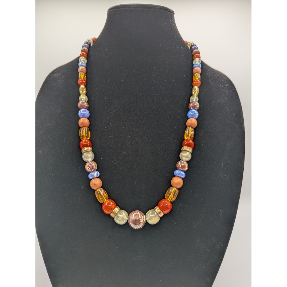 G.L.P. Beaded Elephant Charm Necklace Multicolor Earth Tones Gold Tone Boho 27in